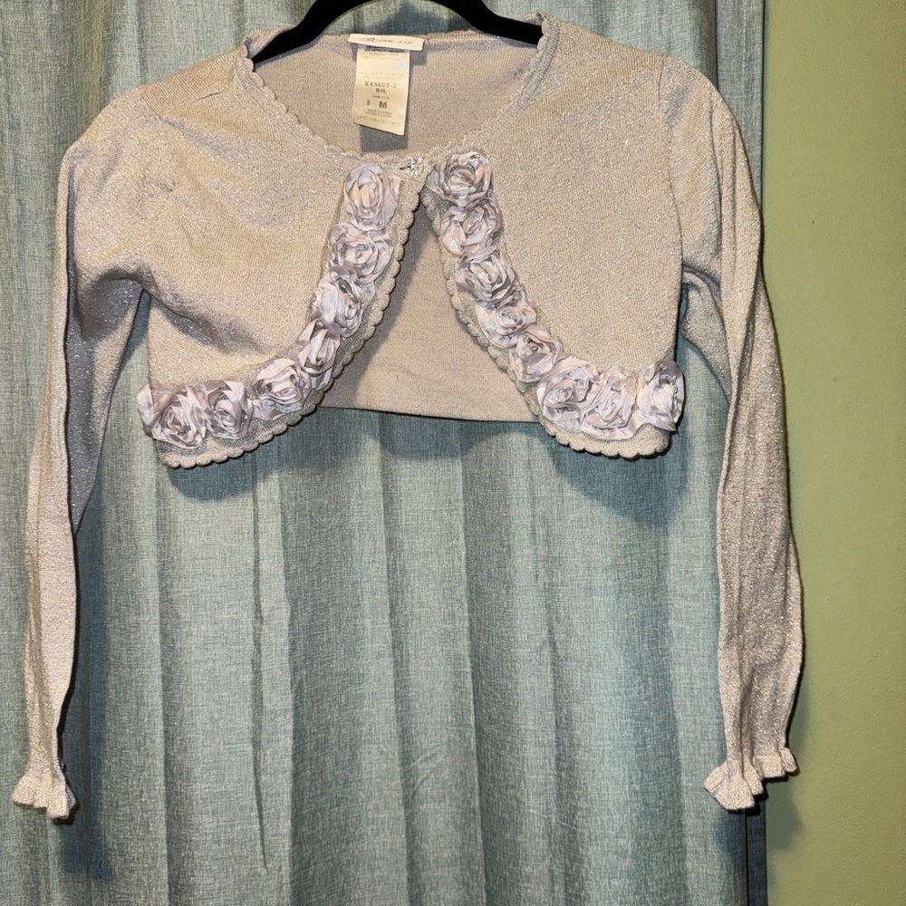 Bonnie Jean Metallic Silver Bolero with Rosette Details